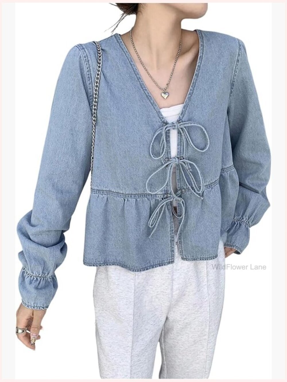 Women's Bow Tie Front Denim Blouse Bishop Long Sleeve V Neck Ruffle Jean Top